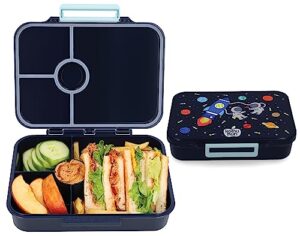 komunuri leakproof bento lunch box for kids, 4 or 5 compartments, microwave safe, dishwasher safe, bpa free, lightweight, kid friendly latch (deep blue - space/astronaut/planets)