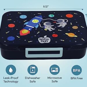 KOMUNURI LeakProof Bento Lunch Box for Kids, 4 or 5 Compartments, Microwave Safe, Dishwasher Safe, BPA Free, Lightweight, Kid Friendly Latch (Deep Blue - Space/Astronaut/Planets)