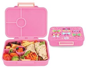 komunuri leakproof bento lunch box for kids, 4 or 5 compartments, microwave safe, dishwasher safe, bpa free, lightweight, kid friendly latch (true pink - butterflies & flowers)