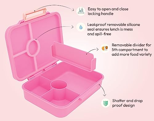 KOMUNURI LeakProof Bento Lunch Box for Kids, 4 or 5 Compartments, Microwave Safe, Dishwasher Safe, BPA Free, Lightweight, Kid Friendly Latch (True Pink - Butterflies & Flowers)