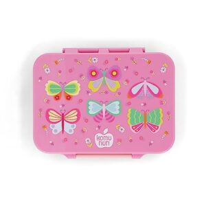 KOMUNURI LeakProof Bento Lunch Box for Kids, 4 or 5 Compartments, Microwave Safe, Dishwasher Safe, BPA Free, Lightweight, Kid Friendly Latch (True Pink - Butterflies & Flowers)