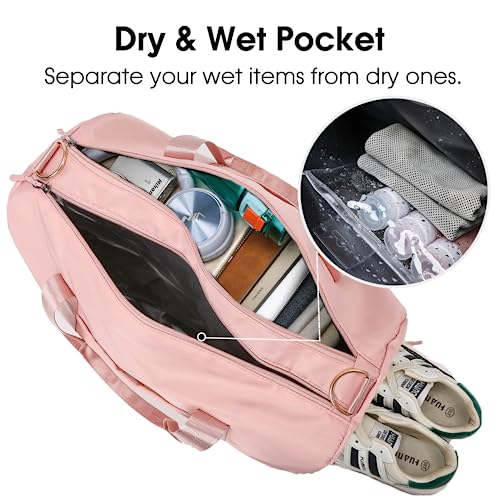 BAVELOE Small Gym Bag for Women, Travel Duffle Bag with Wet Pocket Shoes Compartment Dance Bag Overnight Weekender Bag (Pink)