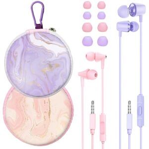 gogosinis aesthetic earbuds set with case for kids for school, wired headphones with case and small size ear tips, ear buds with cute case, 3.5mm earphones for smartphone and pc laptop.(pink-purple)
