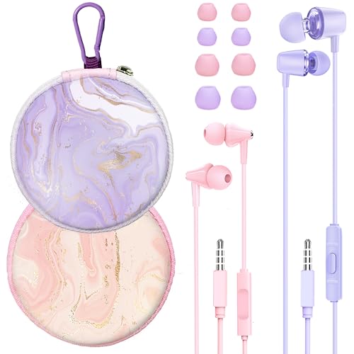 GOGOSINIS Aesthetic Earbuds Set with case for Kids for School, Wired Headphones with case and Small Size Ear Tips, Ear Buds with Cute case, 3.5mm Earphones for Smartphone and PC Laptop.(Pink-Purple)