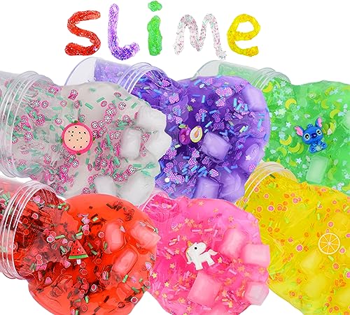 6 Pack,Fun Slime Crystal Clear Slime Kit,Super Soft and Non-Sticky, DIY Crunchy Slime Toy for Kids, Boba Slime Party Favors for Girls Boys, Stress Relief Toys