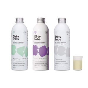 dirty labs | laundry detergent sampler kit | signature, murasaki & free & clear | 3x 32 loads | hyper-concentrated | high efficiency & standard machine washing | nontoxic, biodegradable