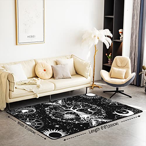 Erosebridal Tree of Life Area Rug,Psychedelic Mystic Stars Space Rug 5x7,Gothic Moth Butterfly Black White Boho Style Living Room Rugs,3D Printed Constellations Accent Rug Set