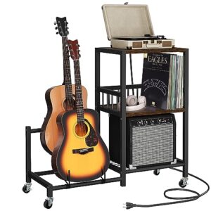 yitahome 2-tier adjustable guitar stand with storage shelf and wheels, guitar rack for multiple guitars, acoustic, bass, electric guitar stand, suitable for home studio, band stages, with power strip