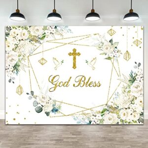 wollmix 1st first communion baptism decorations backdrop 7x5ft god bless holy communion banner christening gold dots white florals photography background baby shower banner photo booth props