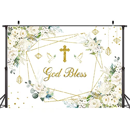 Wollmix 1st First Communion Baptism Decorations Backdrop 7x5ft God Bless Holy Communion Banner Christening Gold Dots White Florals Photography Background Baby Shower Banner Photo Booth Props