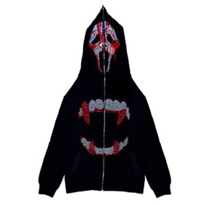 amiblvowa womens men rhinestone skeleton hoodies y2k full zip up over face gothic skull graphic printed oversized jacket streetwear