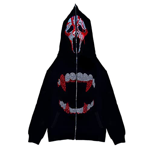 Amiblvowa Womens Men Rhinestone Skeleton Hoodies Y2k Full Zip Up Over Face Gothic Skull Graphic Printed Oversized Jacket Streetwear