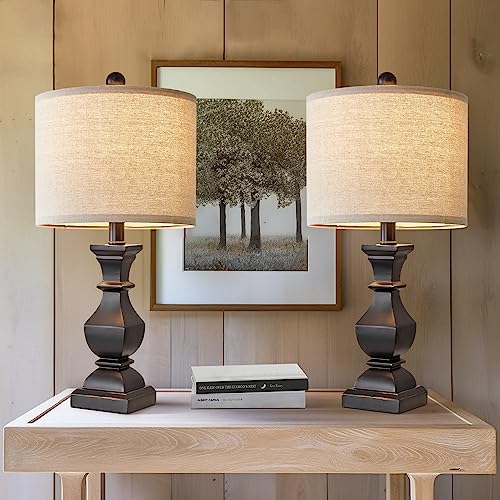 PoKat 20.5" Mid Century Table Lamp Sets of 2 for Living Room Retro Style Farmhouse Table Lamp for Bedroom Classic Beige Resin Bedside Night Light Lamps