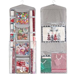 fixwal christmas hanging gift wrapping paper storage oxford double-sided hanging gift wrap craft roll organizer storage pockets hanging pantry organizer (grey)