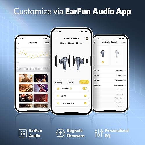 EarFun Air Pro 3 Noise Cancelling Wireless Earbuds, Qualcomm® aptX™ Adaptive Sound, 6 Mics CVC 8.0 ENC, Bluetooth 5.3 Earbuds, Multipoint Connection, 45H Playtime, App Customize EQ, Blue