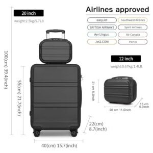 KONO 2 Piece Luggage Sets Lightweight, 20" Carry on Luggage and 12" Mini Cosmetic Cases Hardshell Suitcase Sets, Durable Hardside Suitcase with Spinner Wheels TSA Lock Black