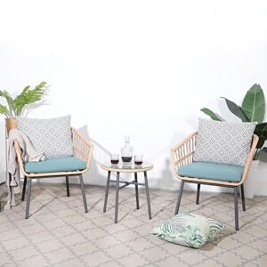 wood-it 3 piece patio furniture outdoor conversation bistro set with tempered coffee table and wicker chairs for garden balcony backyard yard poolside (green)