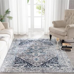 syalife washable rug vintage area rugs, 5'x 7' living room rug with non slip backing, ultra-thin medallion distressed non-shedding blue rug, vintage floor mat indoor rug (fg12-blue, 5'x 7')