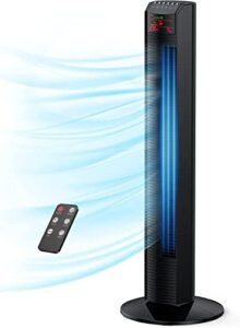 delvit tower fan, oscillating quiet cooling fan with remote, digital thermostat,12h timer, 3 speeds & 4 modes, portable stand up floor bladeless fan for bedroom, living room, kitchen, office