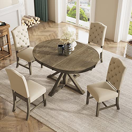 P PURLOVE 5pc Dining Table Set, Functional Furniture Retro Style Dining Table Set with Extendable Table and 4 Upholstered Chairs for Dining Room and Living Room(Natural Wood Wash)