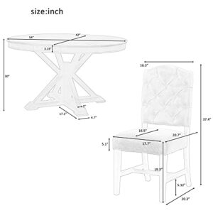 P PURLOVE 5pc Dining Table Set, Functional Furniture Retro Style Dining Table Set with Extendable Table and 4 Upholstered Chairs for Dining Room and Living Room(Natural Wood Wash)