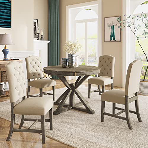 P PURLOVE 5pc Dining Table Set, Functional Furniture Retro Style Dining Table Set with Extendable Table and 4 Upholstered Chairs for Dining Room and Living Room(Natural Wood Wash)