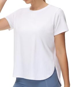 the gym people women's workout t-shirts loose fit short sleeve cotton running basic tee tops with split hem white