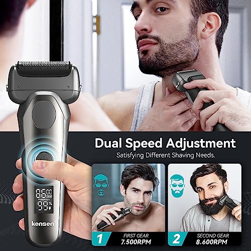 Electric Razor for Men, kensen Men's Double Speed Foil Electric Razor, Wet/Dry IPX6 Waterproof Electric Shavers for Men with Pop-up Beard Trimmer, Cordless Rechargeable Mens Razor