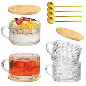 guutry vintage coffee mugs set of 4: glass coffee cups with bamboo lids and spoons - 14 oz clear embossed glassware tea cups - iced coffee glasses/overnight oats container/coffee bar accessories