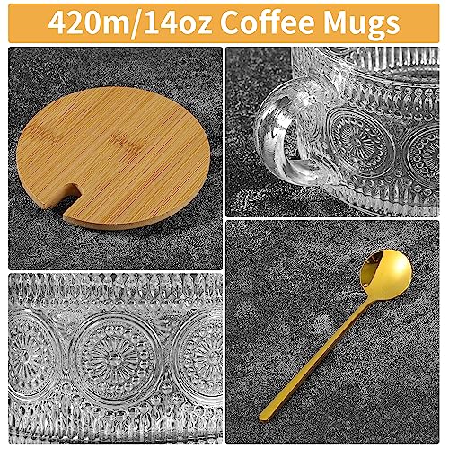 GUUTRY Vintage Coffee Mugs Set of 4: Glass Coffee Cups with Bamboo Lids and Spoons - 14 Oz Clear Embossed Glassware Tea Cups - Iced Coffee Glasses/Overnight Oats Container/Coffee Bar Accessories