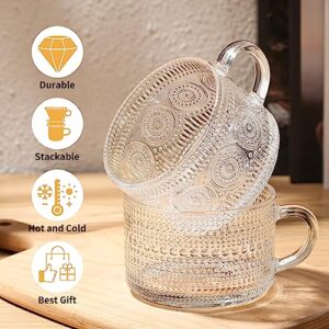 GUUTRY Vintage Coffee Mugs Set of 4: Glass Coffee Cups with Bamboo Lids and Spoons - 14 Oz Clear Embossed Glassware Tea Cups - Iced Coffee Glasses/Overnight Oats Container/Coffee Bar Accessories