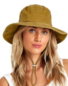 wide brim bucket sun hat packable cotton washed upf 50 beach hat for women men with strings cowboy outdoor safari boonie cap brown