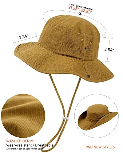 Wide Brim Bucket Sun Hat Packable Cotton Washed UPF 50 Beach Hat for Women Men with Strings Cowboy Outdoor Safari Boonie Cap Brown