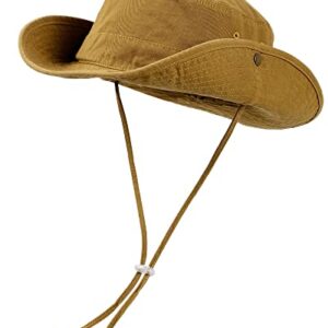 Wide Brim Bucket Sun Hat Packable Cotton Washed UPF 50 Beach Hat for Women Men with Strings Cowboy Outdoor Safari Boonie Cap Brown