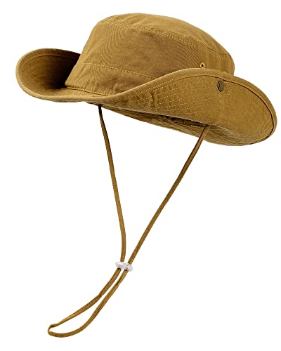 Wide Brim Bucket Sun Hat Packable Cotton Washed UPF 50 Beach Hat for Women Men with Strings Cowboy Outdoor Safari Boonie Cap Brown
