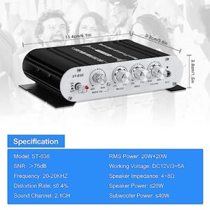 ST-838 2.1CH HiFi Audio Amplifier RMS 20Wx2+40W Stereo Amplifier with Subwoofer Output Class D Mini Digital Power Amplifier Receiver with AUX for Home,Car Speakers,Black (Power Supply not Included)