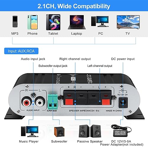 ST-838 2.1CH HiFi Audio Amplifier RMS 20Wx2+40W Stereo Amplifier with Subwoofer Output Class D Mini Digital Power Amplifier Receiver with AUX for Home,Car Speakers,Black (Power Supply not Included)