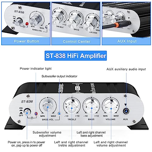 ST-838 2.1CH HiFi Audio Amplifier RMS 20Wx2+40W Stereo Amplifier with Subwoofer Output Class D Mini Digital Power Amplifier Receiver with AUX for Home,Car Speakers,Black (Power Supply not Included)