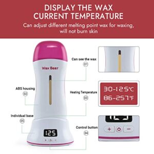 Roll On Wax Kit by Wax Bear - Digital Hair Removal Roller Wax Kit with Wax Cartridge Refills, Wax Heater with Detachable Magnetic Base | Digital Temperature Display | Easy to Use | For Women and Men