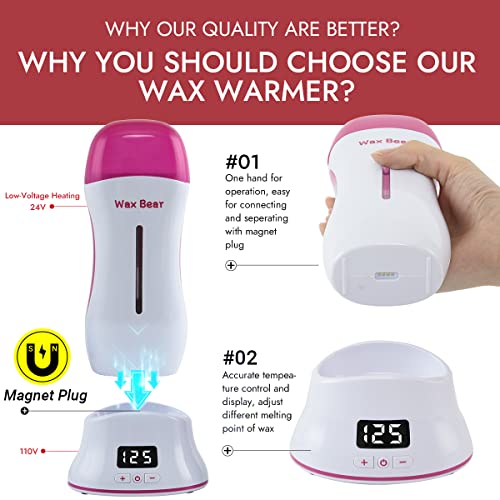 Roll On Wax Kit by Wax Bear - Digital Hair Removal Roller Wax Kit with Wax Cartridge Refills, Wax Heater with Detachable Magnetic Base | Digital Temperature Display | Easy to Use | For Women and Men