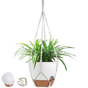 vanslogreen 41.5 inch macrame plant hanger indoor outdoor with 12 inch flower pot, hanging planter for plants holder with wood beads for boho home decor (ivory+white)