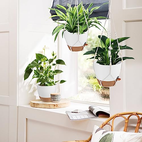 Vanslogreen 41.5 Inch Macrame Plant Hanger Indoor Outdoor with 12 Inch Flower Pot, Hanging Planter for Plants Holder with Wood Beads for Boho Home Decor (Ivory+White)