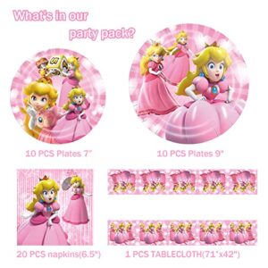 Princess Peach Party Supplies,Girls Birthday Table Plates and Napkins Tablecloth Cover Centerpiece Mario Theme Decoration