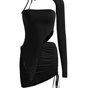 Verdusa Women's 3 Piece Outfit Y2K Tube One Shoulder Top Shrug and Drawstring Ruched Bodycon Mini Skirt Sets Black S