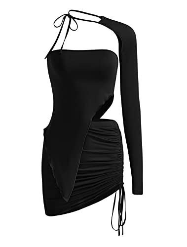 Verdusa Women's 3 Piece Outfit Y2K Tube One Shoulder Top Shrug and Drawstring Ruched Bodycon Mini Skirt Sets Black S