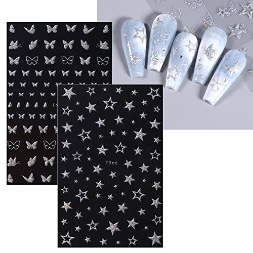 JMEOWIO 8 Sheets French Tip Nail Art Stickers Decals Self-Adhesive Pegatinas Uñas Silver Line Nail Supplies Nail Art Design Decoration Accessories