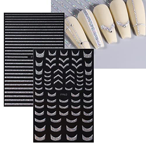 JMEOWIO 8 Sheets French Tip Nail Art Stickers Decals Self-Adhesive Pegatinas Uñas Silver Line Nail Supplies Nail Art Design Decoration Accessories