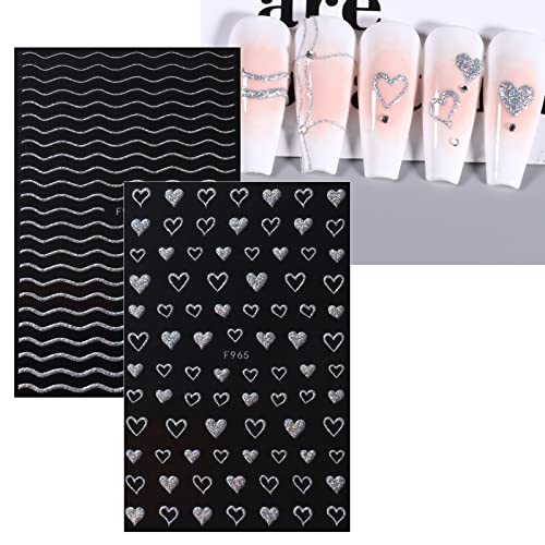 JMEOWIO 8 Sheets French Tip Nail Art Stickers Decals Self-Adhesive Pegatinas Uñas Silver Line Nail Supplies Nail Art Design Decoration Accessories