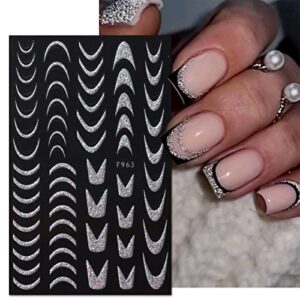 JMEOWIO 8 Sheets French Tip Nail Art Stickers Decals Self-Adhesive Pegatinas Uñas Silver Line Nail Supplies Nail Art Design Decoration Accessories