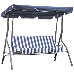 outsunny 3-person patio porch swing with adjustable canopy for adults, steel frame, seat & backrest cushion, armrests, dark blue & white striped